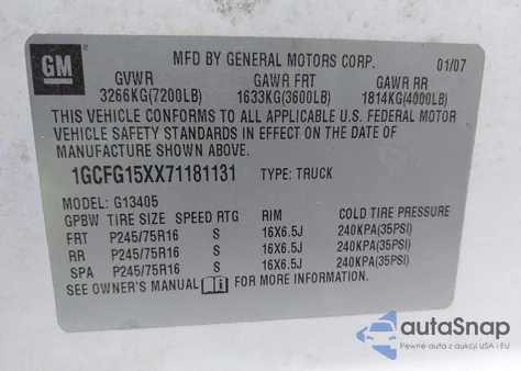 2007 Chevrolet Express Work Van z USA, uszkodzony, nr VIN 1GCFG15XX71181131